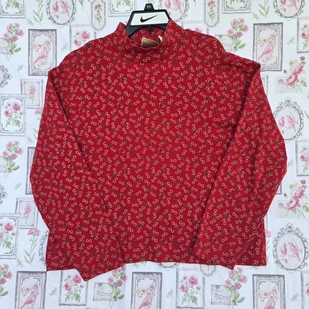 Vintage Christmas Red Cardinal Bird Turtleneck Mock Neck Holiday Top Sweater XL